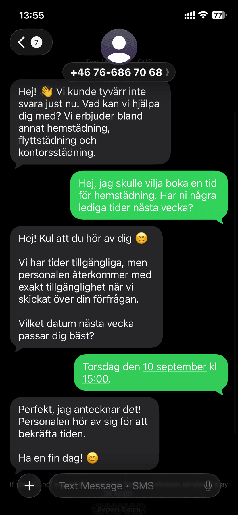 Real SMS conversation on a Swedish number — full booking flow from first message to confirmation