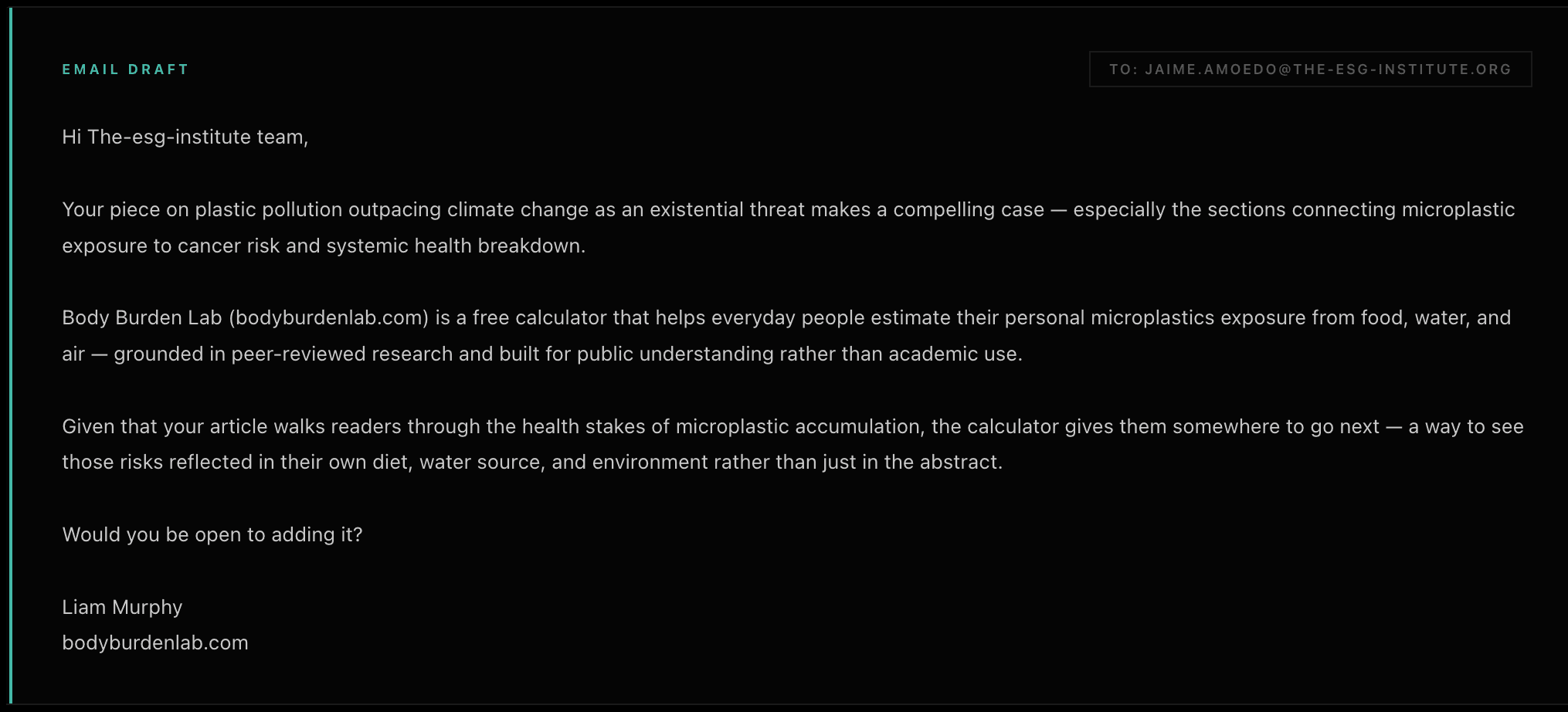 AI-generated email draft for The ESG Institute